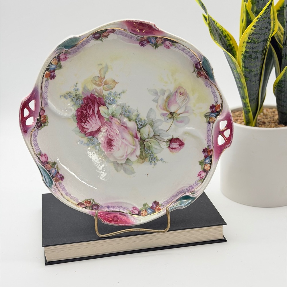 Vintage Germany Hand Painted Floral Porcelain Cake Dish Pink Roses Gold Trim